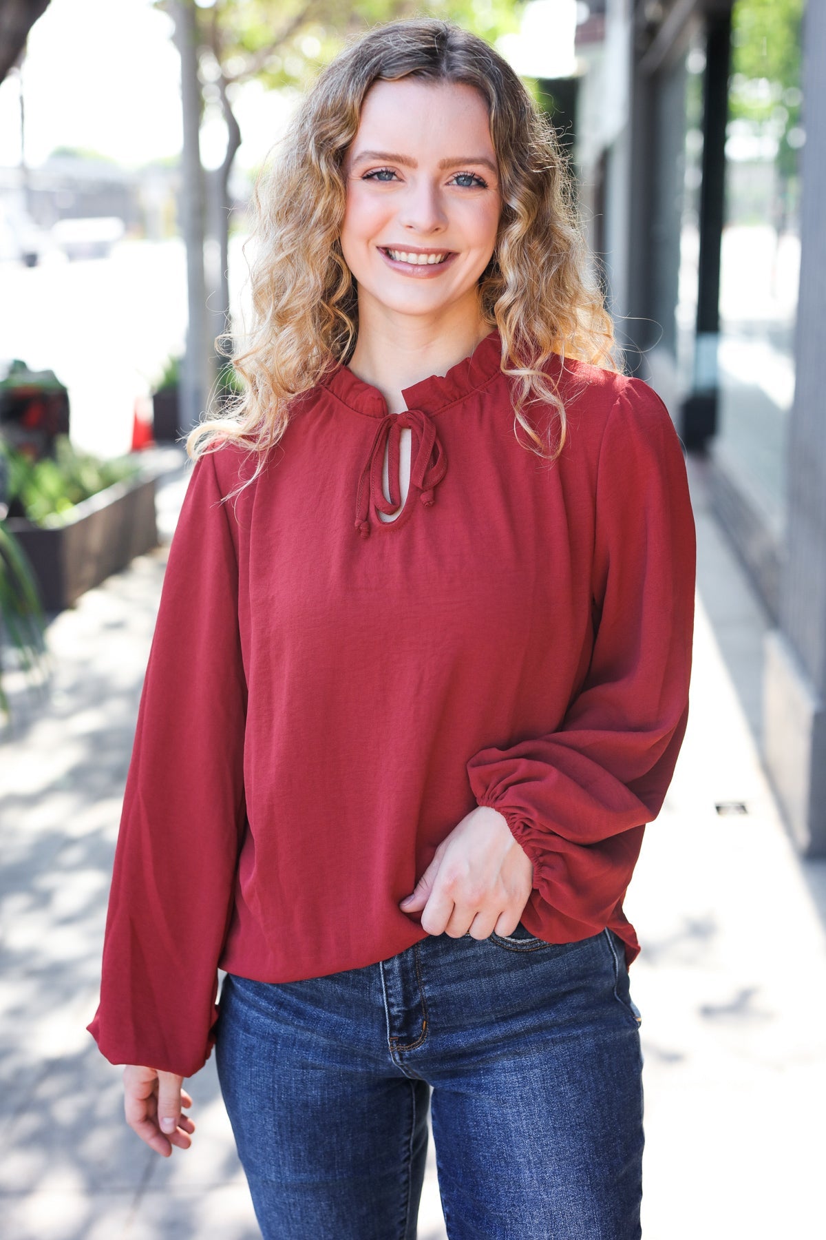 Feeling Femme Off Burgundy Frilled Edge V Neck Tie Top