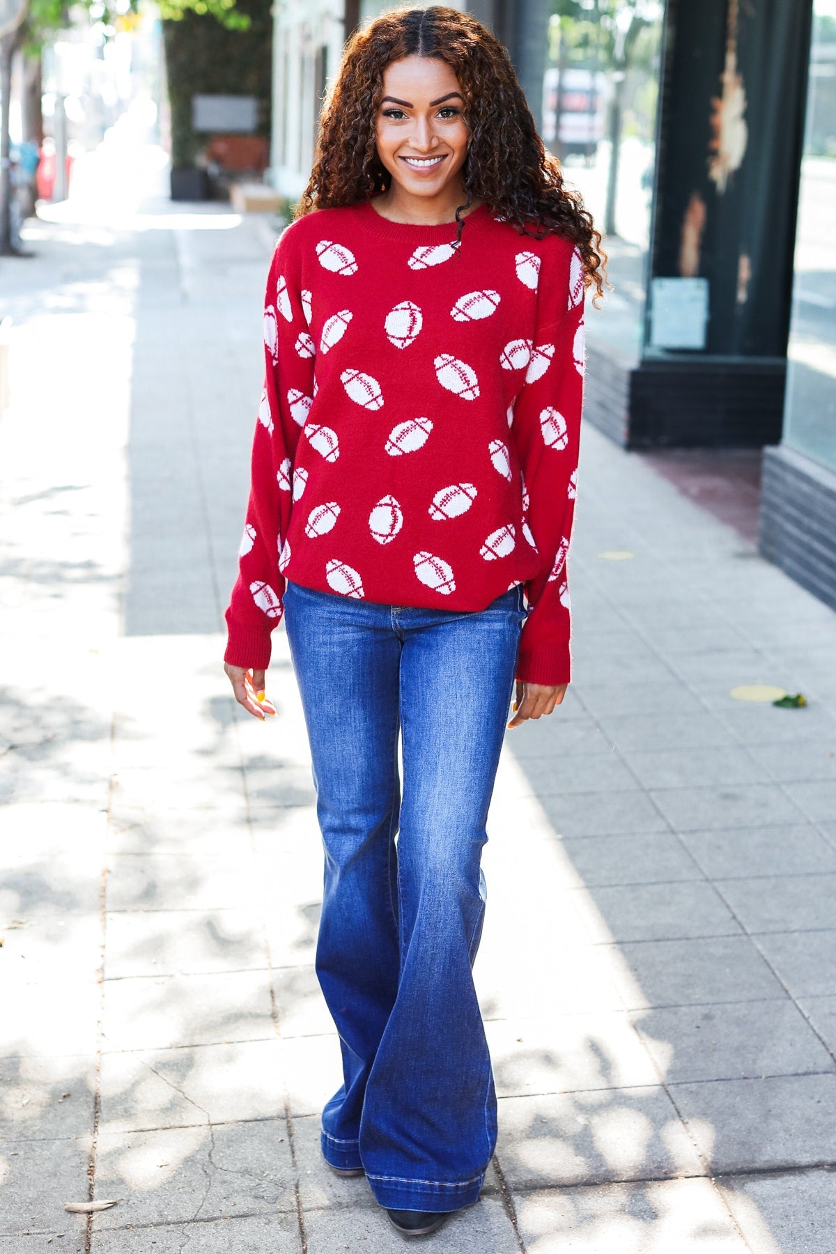 Game Day Red Football Print Jacquard Knit Sweater