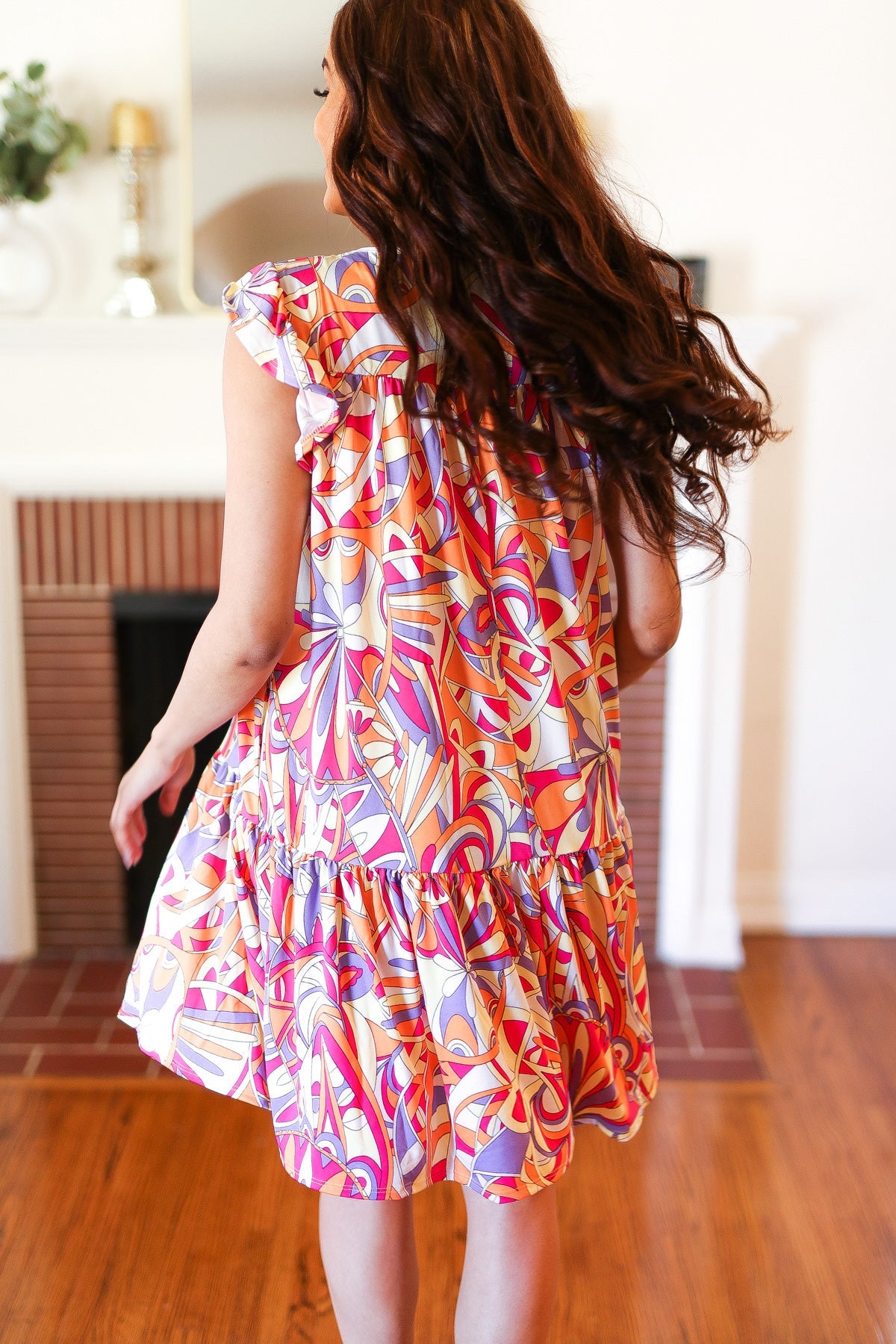 Multicolor Geometric Midi Flutter Sleeve Dress