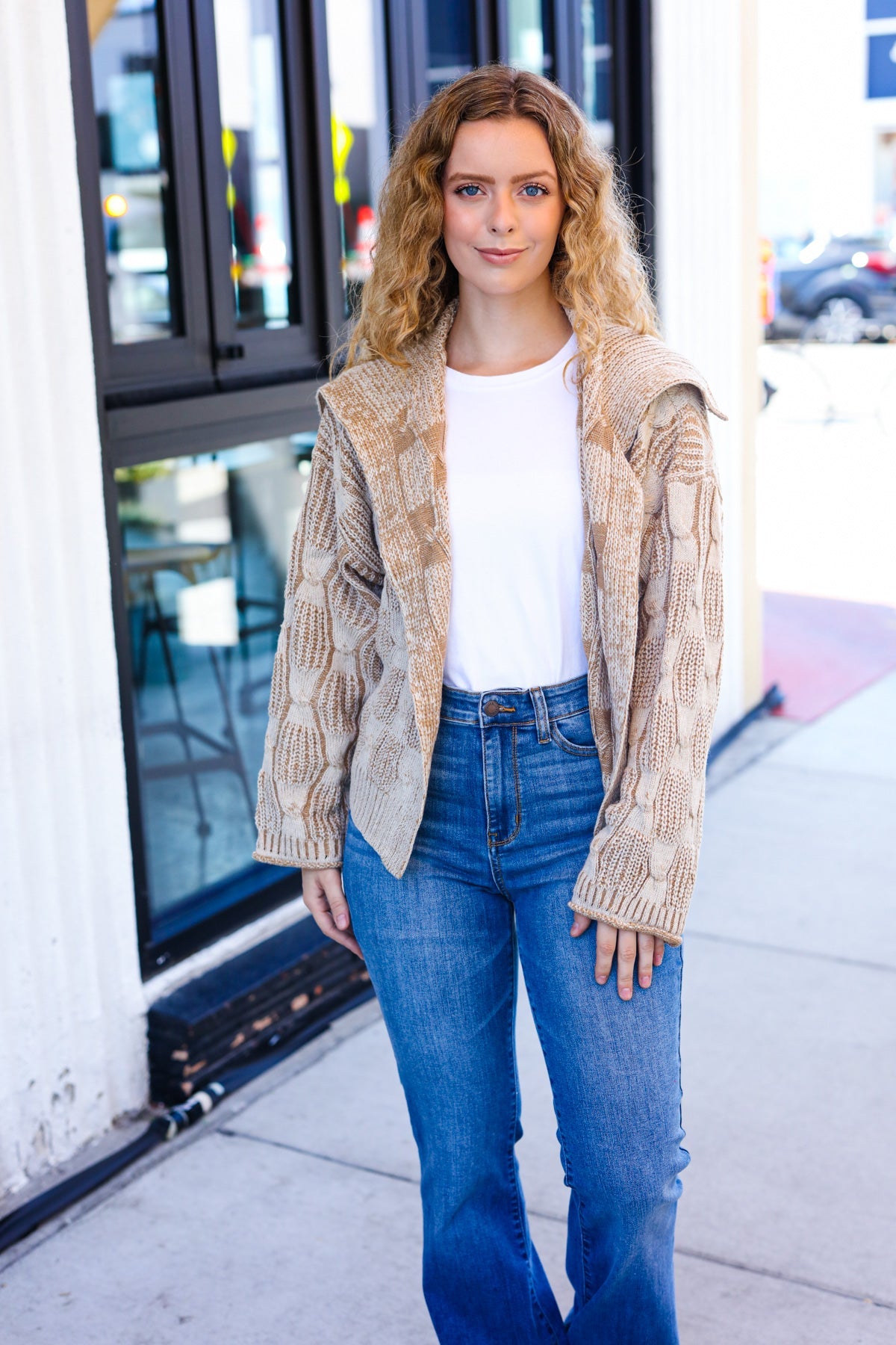 Autumn Vibes Taupe Textured Cable Knit Collared Cardigan