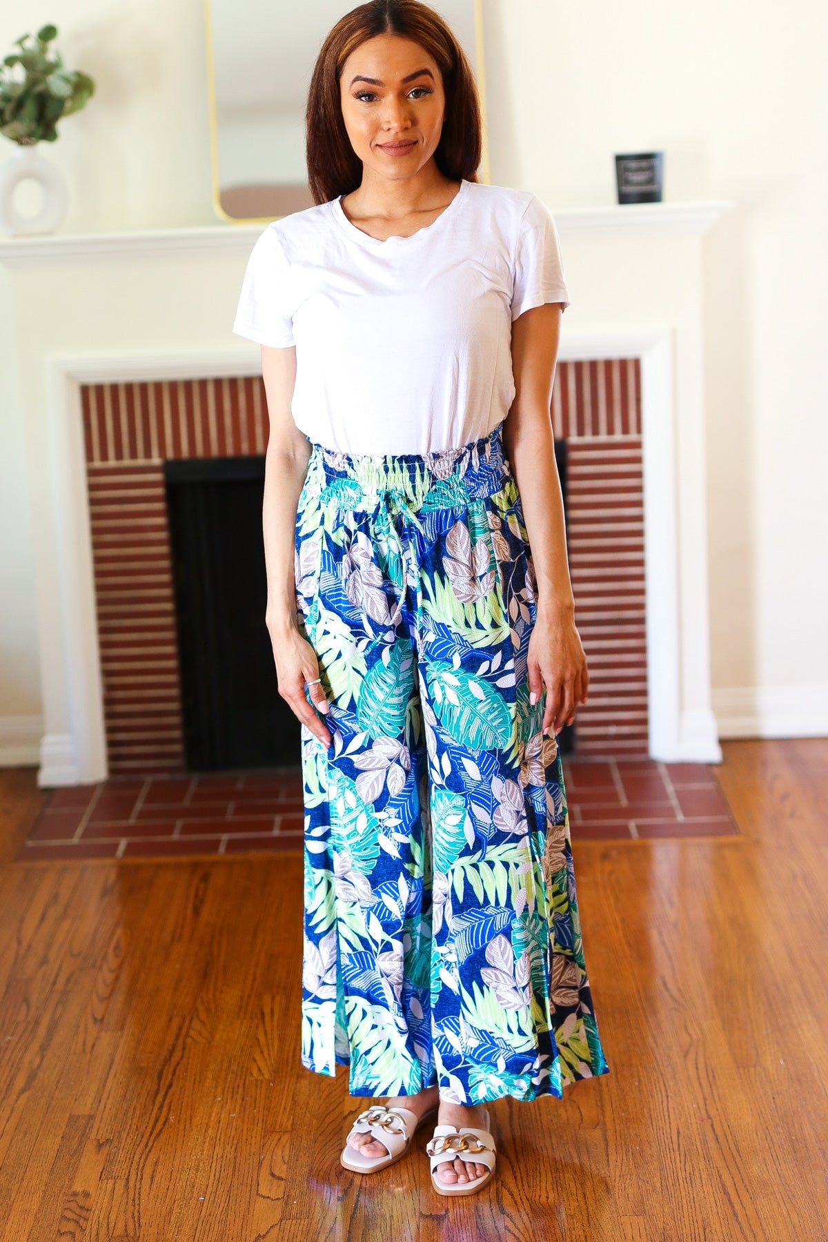 Tropical Boho Smocked Waist Side Slit Palazzo Pants