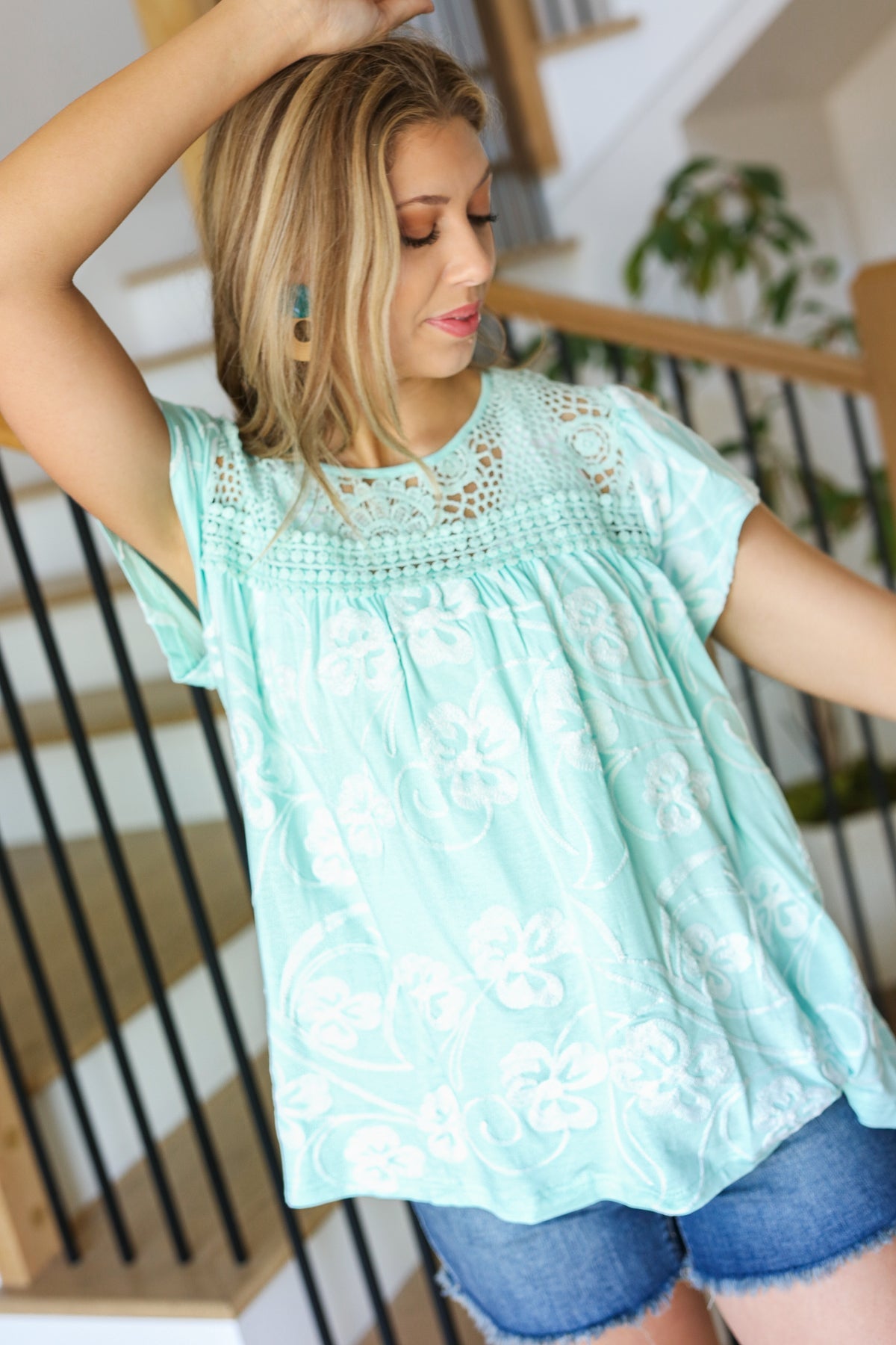 Lovely In Aqua Embroidered Flutter Sleeve Woven Top