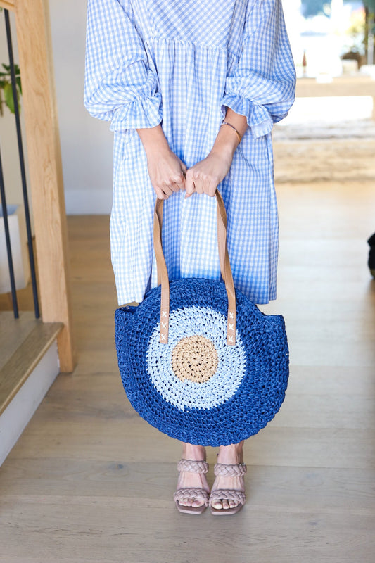 Blue Raffia Woven Circle Lined Bag