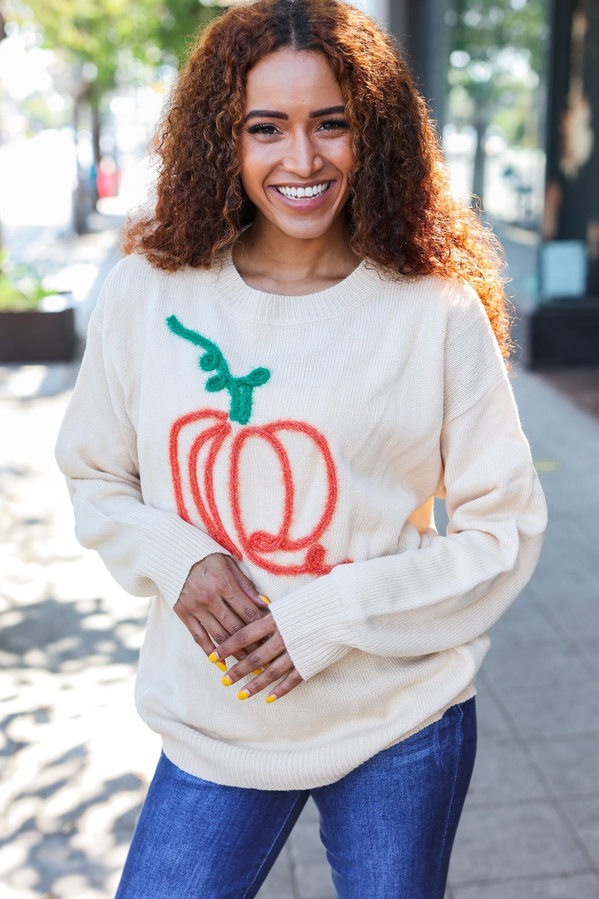 Pumpkin Spice Metallic Yarn Embroidered Oversized Sweater