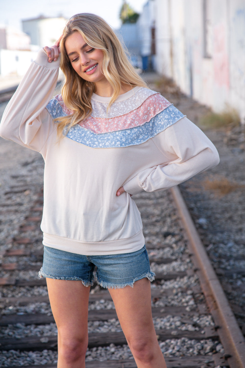 Taupe & Sky Blue Thermal Knit Out Seam Stitch Pullover