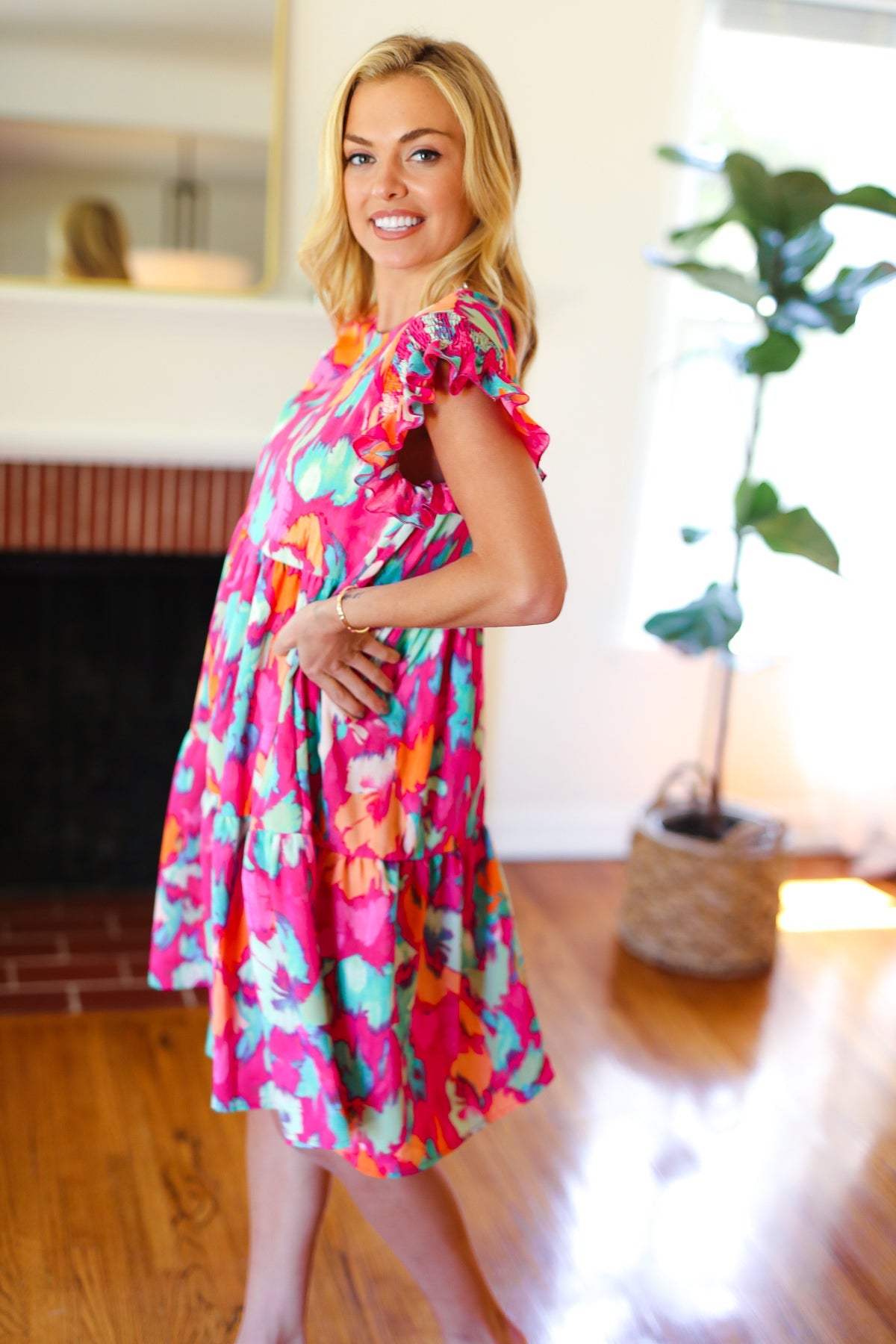 Look of Love Fuchsia Abstract Floral Print Smocked Ruffle Sleeve Dress