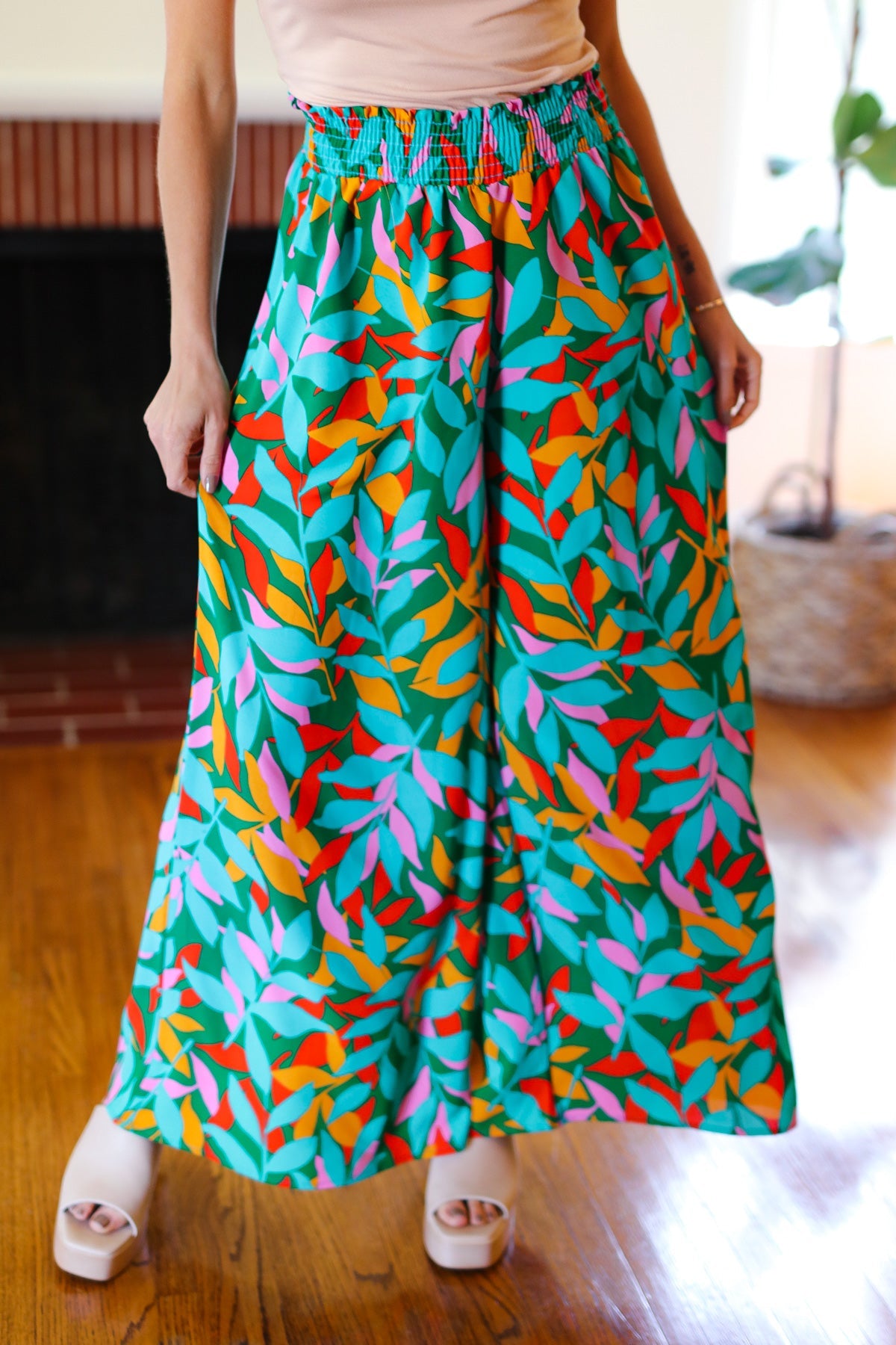 Summer Vibes Green & Orange Abstract Print Smocked Palazzo Pants