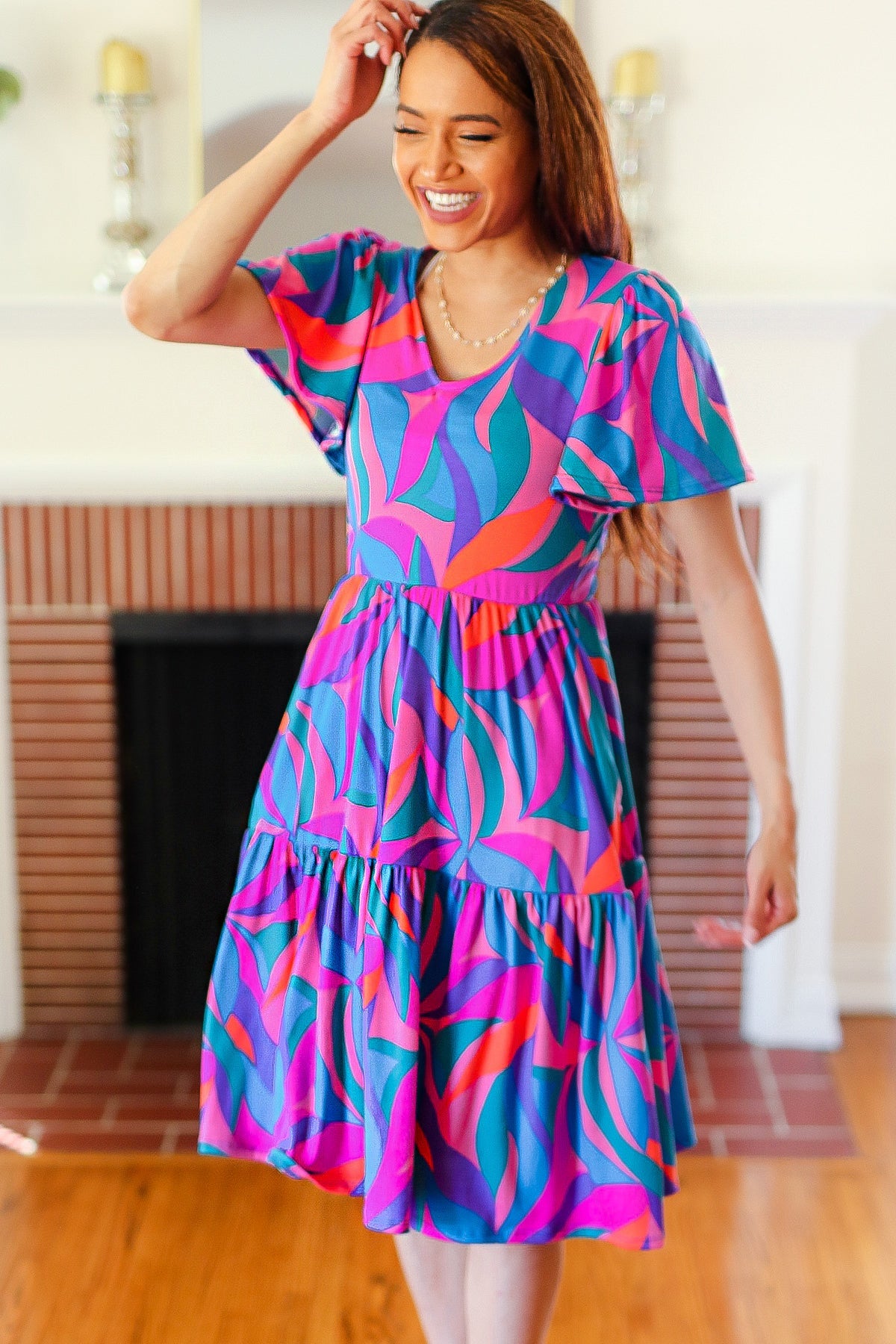 Remember Me Blue & Fuchsia Geo Print V Neck Dress