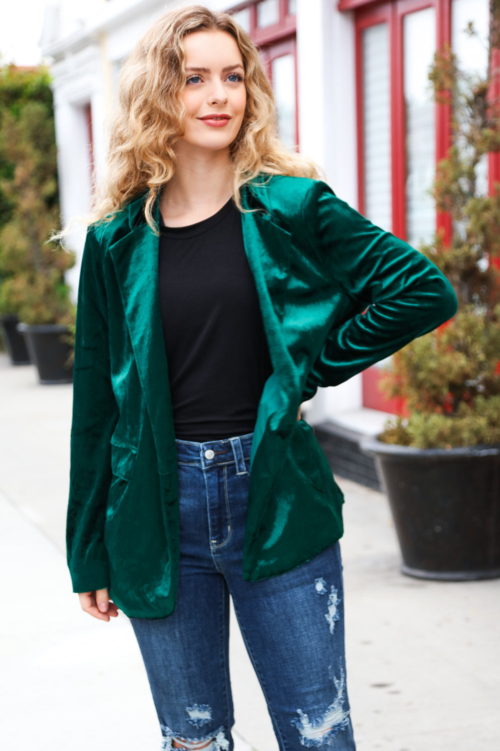 Dazzling Hunter Green Velvet Lapel Blazer