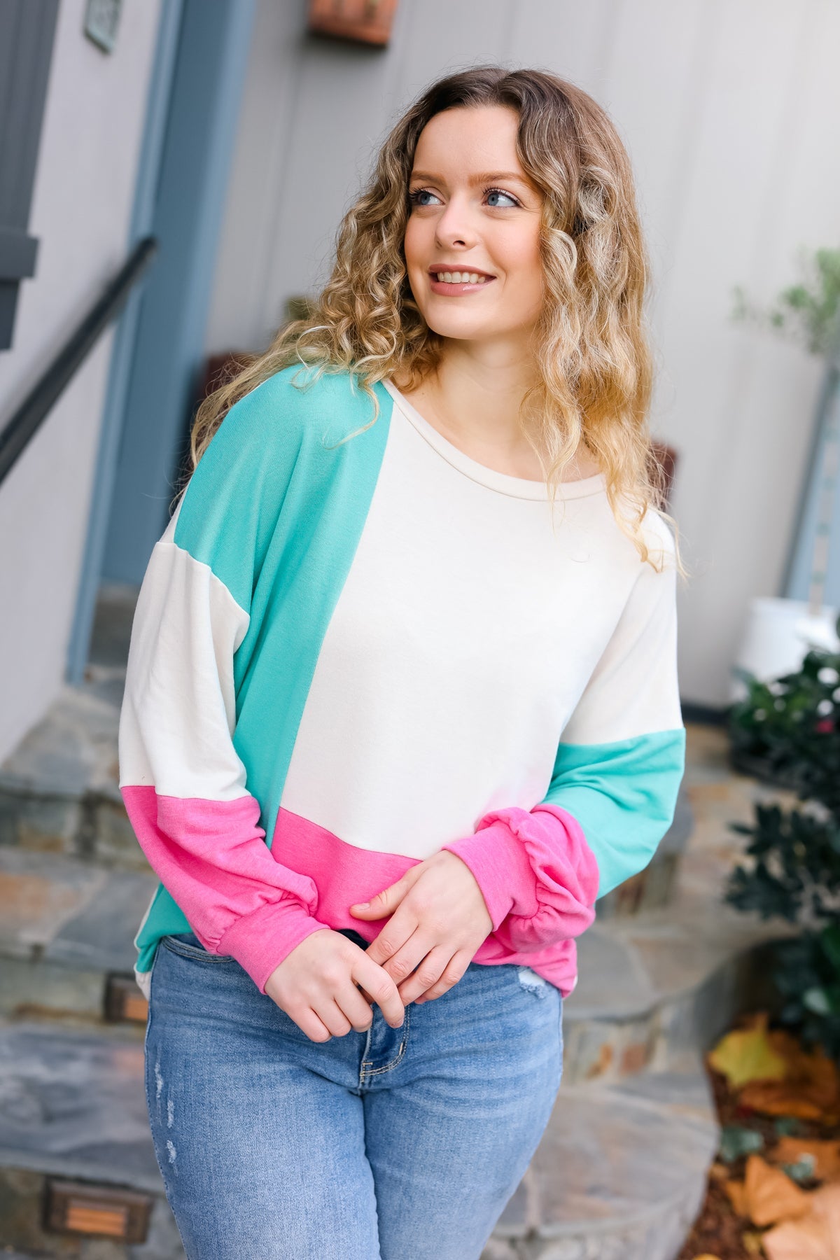 The Slouchy Mint & Pink Drop Shoulder Terry Color Block Top