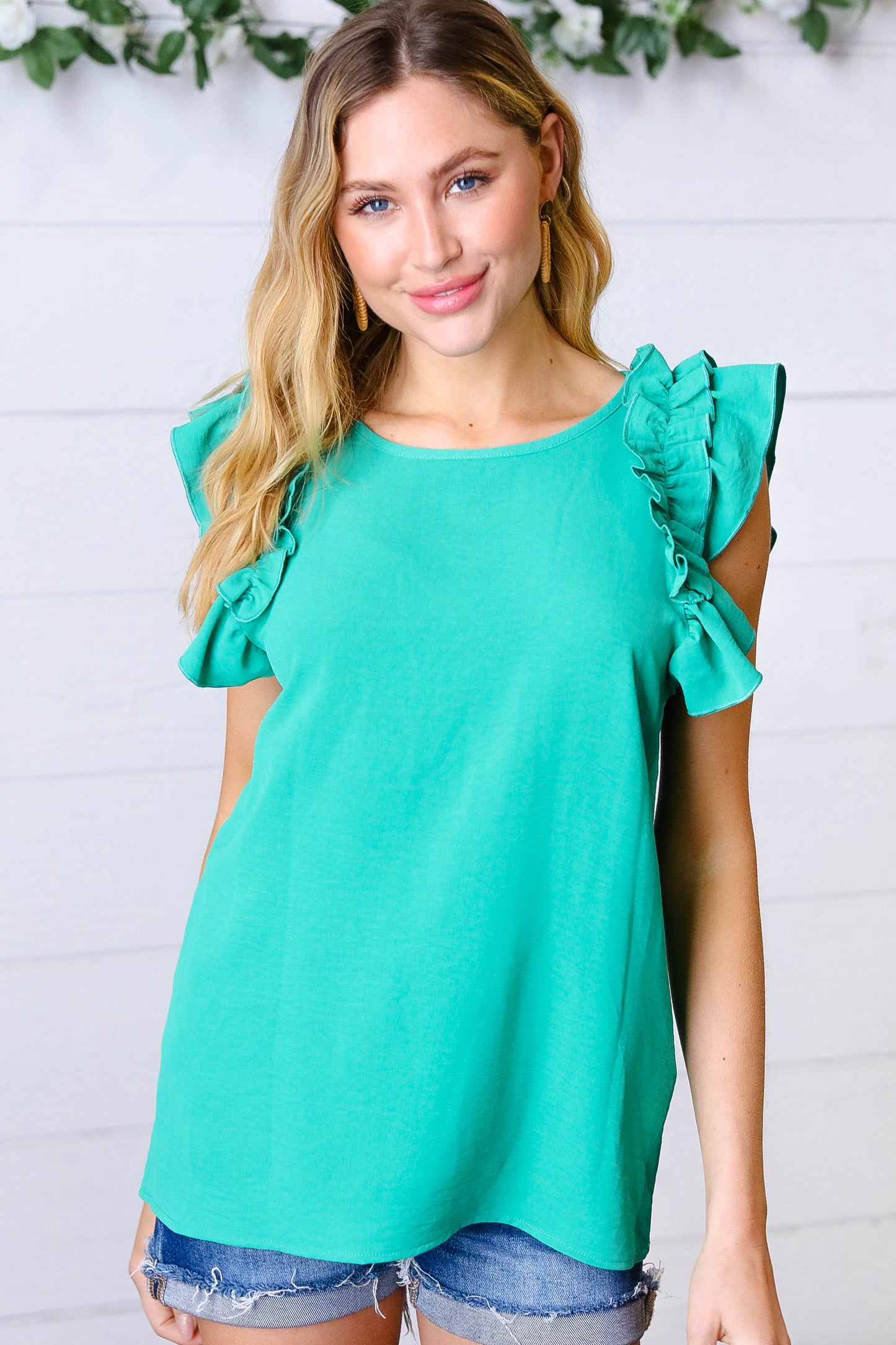 Kelly Green Double Ruffle Sleeve Crinkle Top