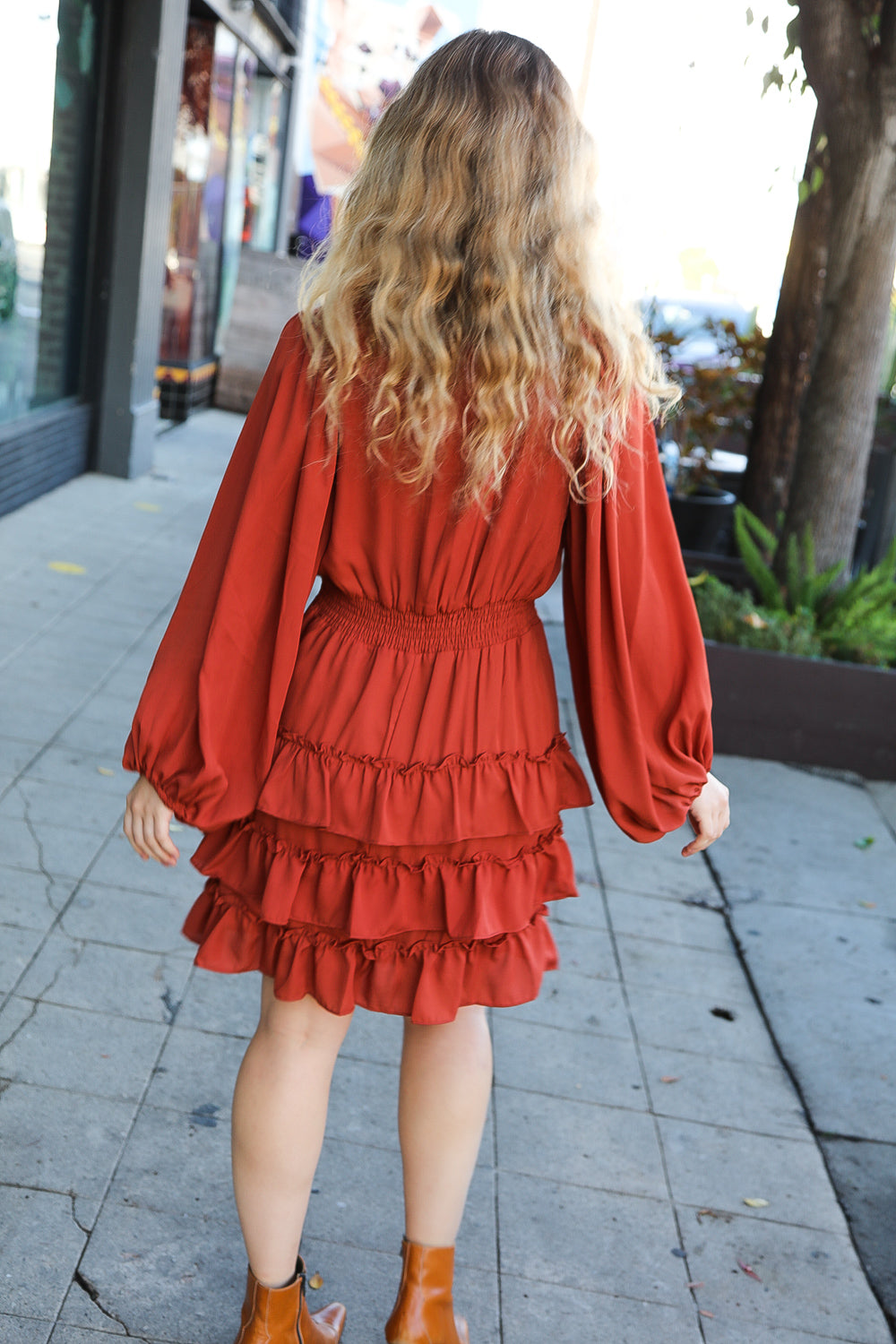 Rust Smocked Waist Tiered Ruffle Lined Dress