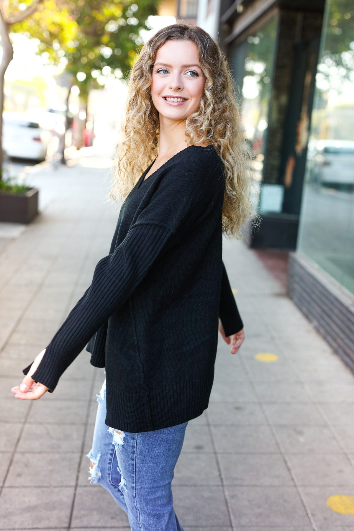 Casual Chic Black Oversized V Neck Rib Knit Sweater