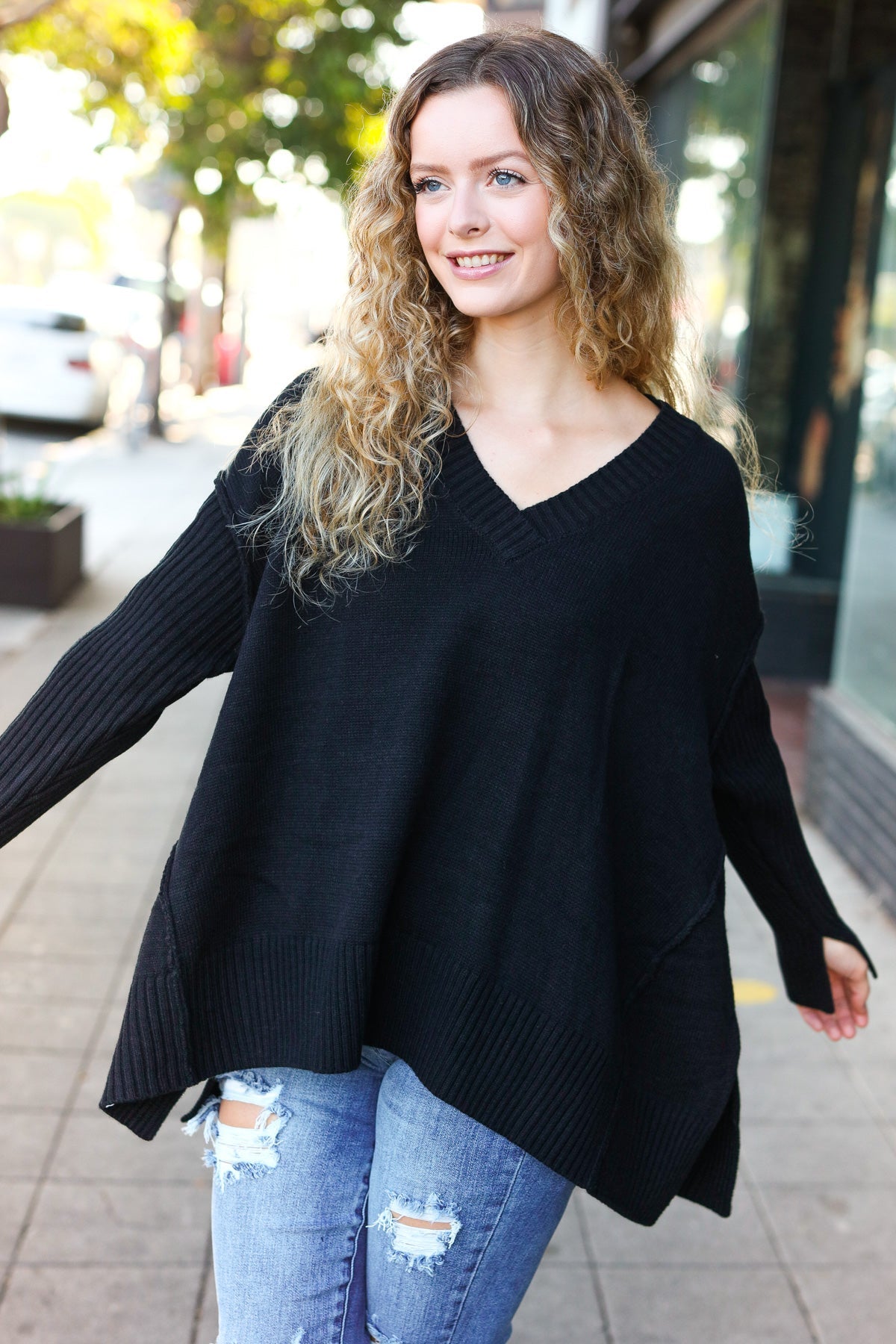 Casual Chic Black Oversized V Neck Rib Knit Sweater