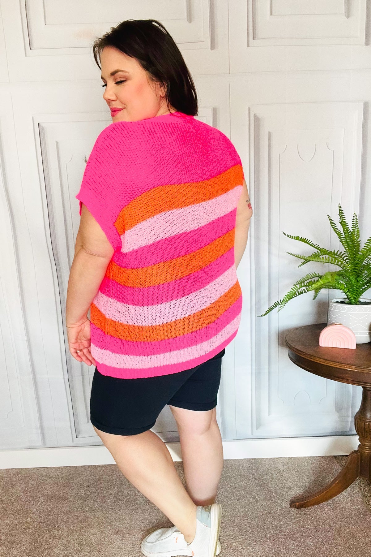 Feeling Bold Fuchsia & Orange Stripe Short Sleeve Dolman Sweater