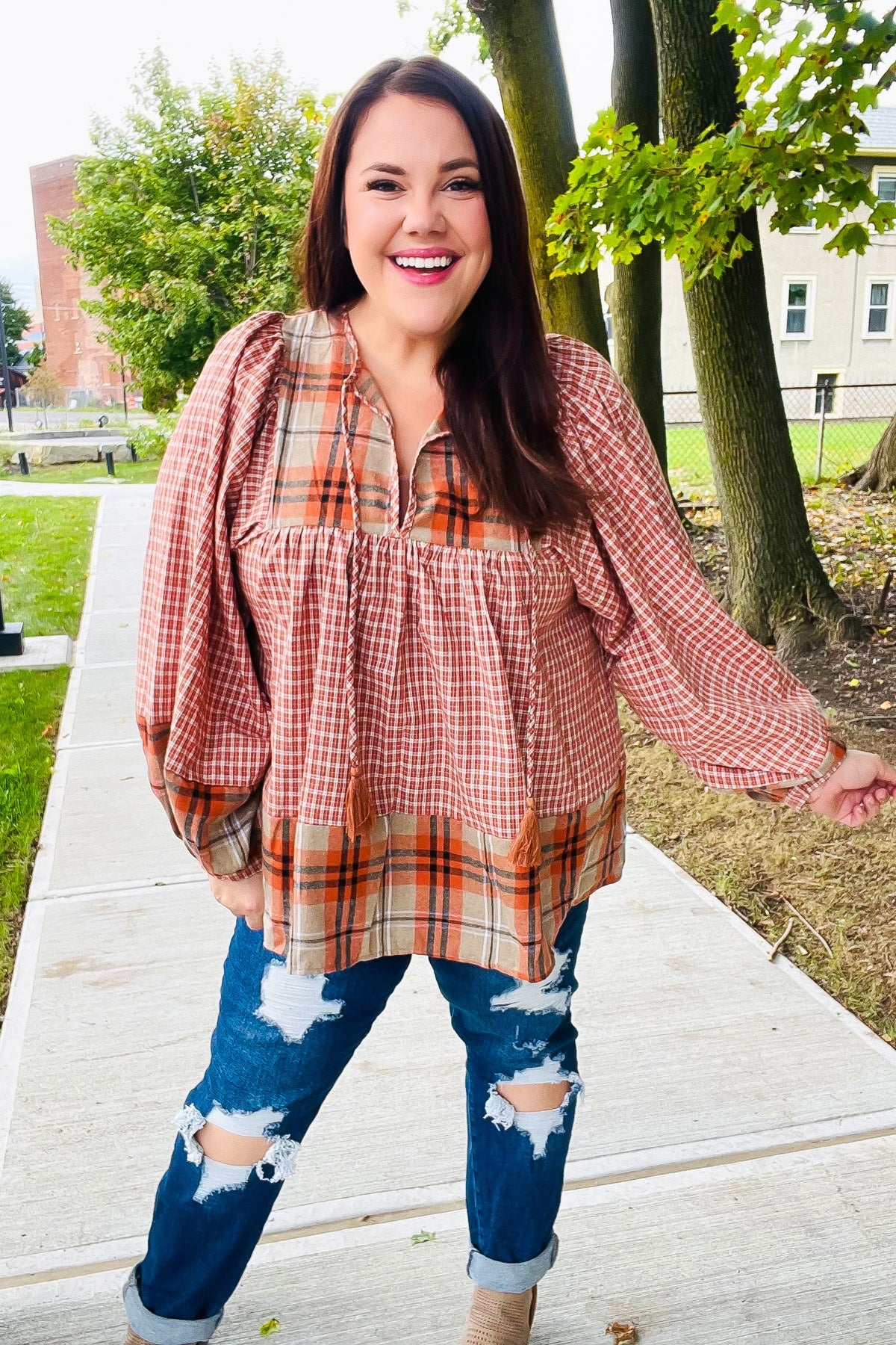 Under Your Spell Rust Plaid Color Block Notch Neck Top