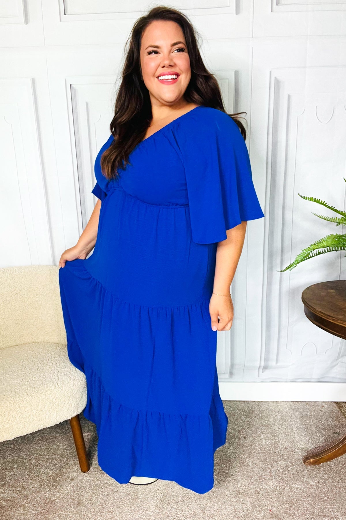 Live For Today Royal Blue Elastic V Neck Tiered Maxi Dress