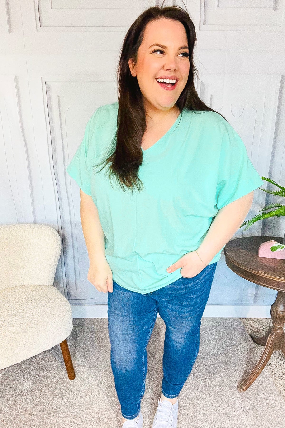 Weekend Ready Mint Drop Shoulder V Neck Woven Top