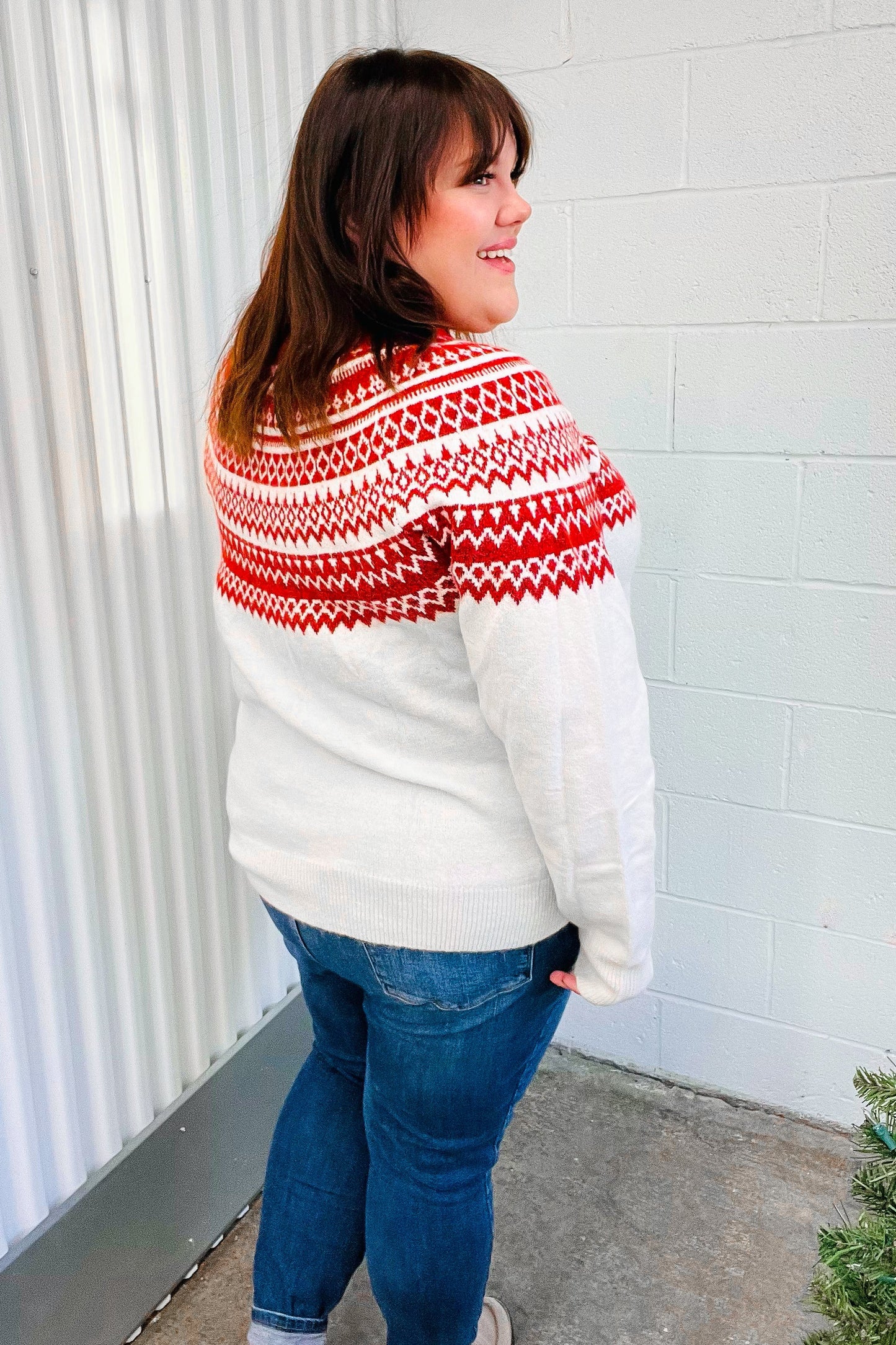 Feeling Festive Ivory & Red Fair Isle Mock Neck Sweater