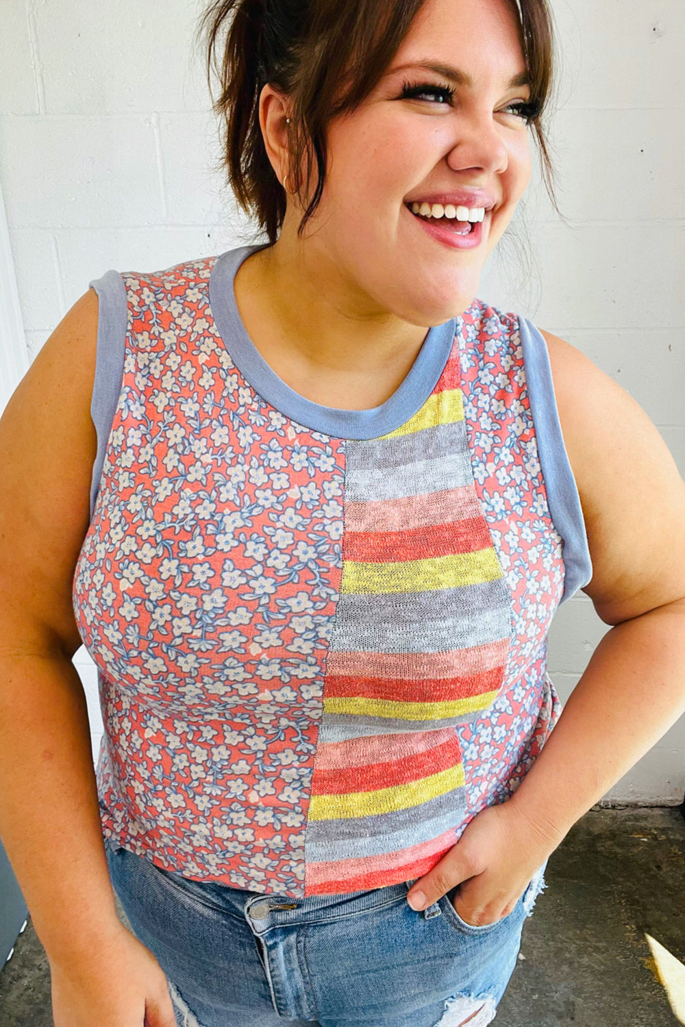 Coral & Denim Stripe Floral Print Tank Top