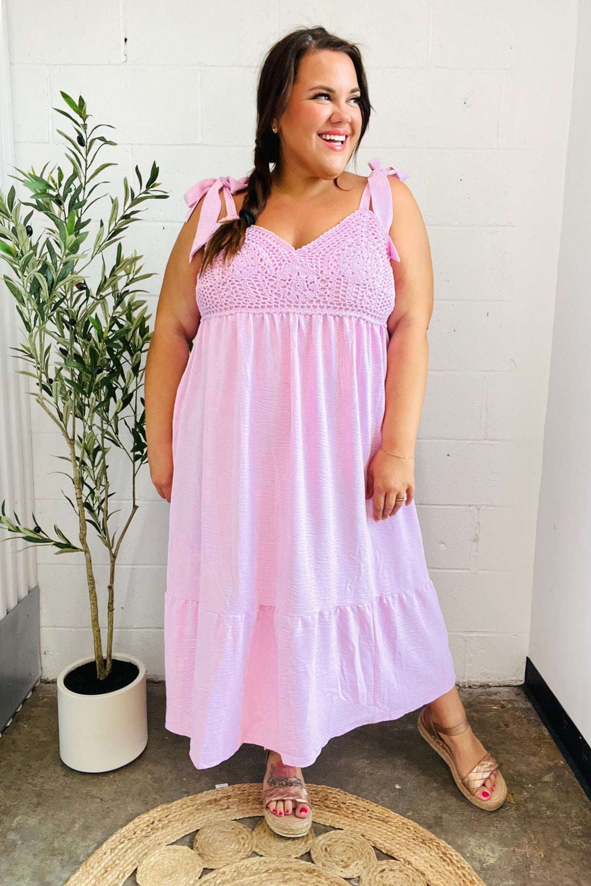 Feeling Your Best Pink Crochet Lace Babydoll Midi Dress