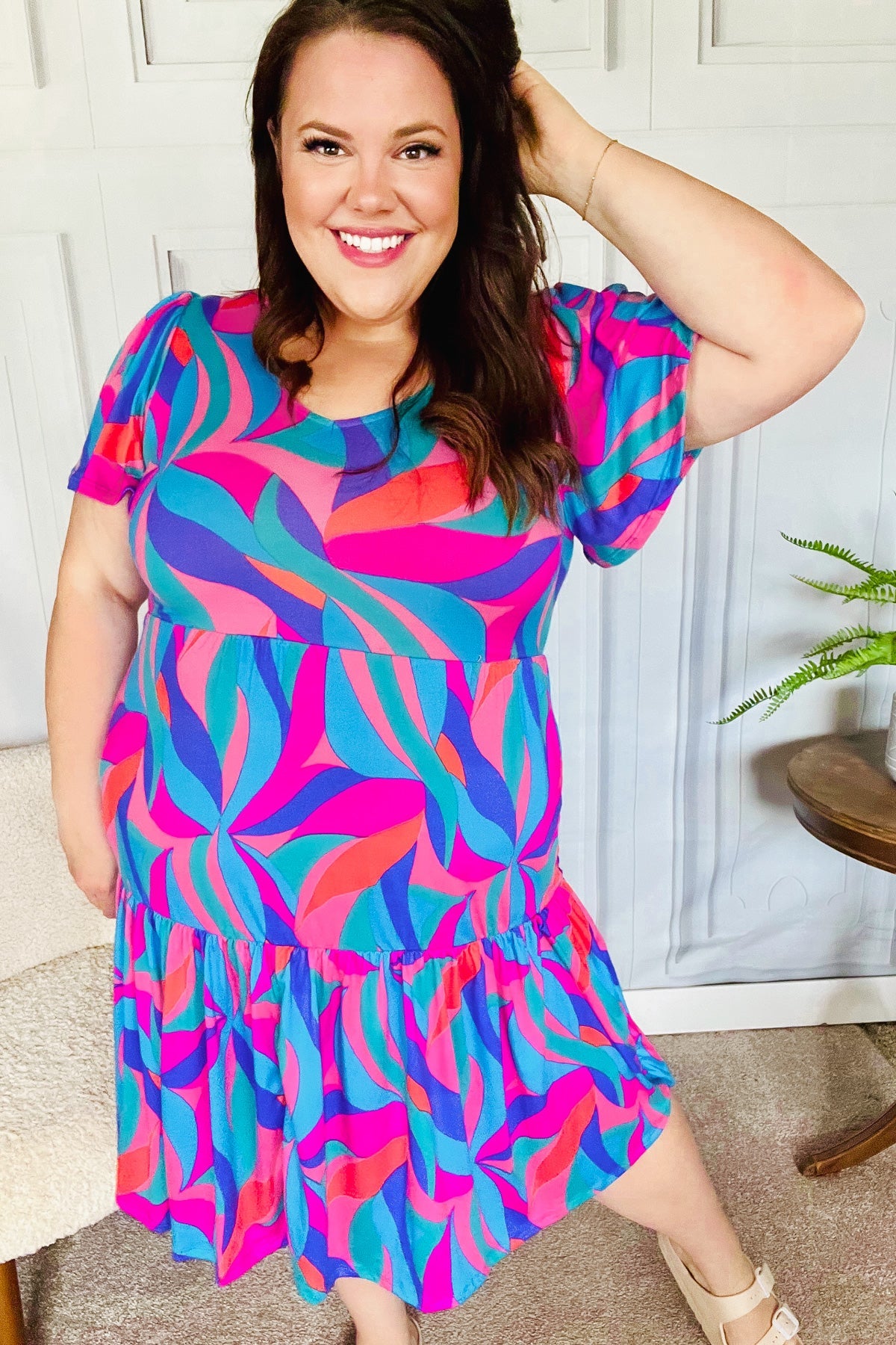 Remember Me Blue & Fuchsia Geo Print V Neck Dress