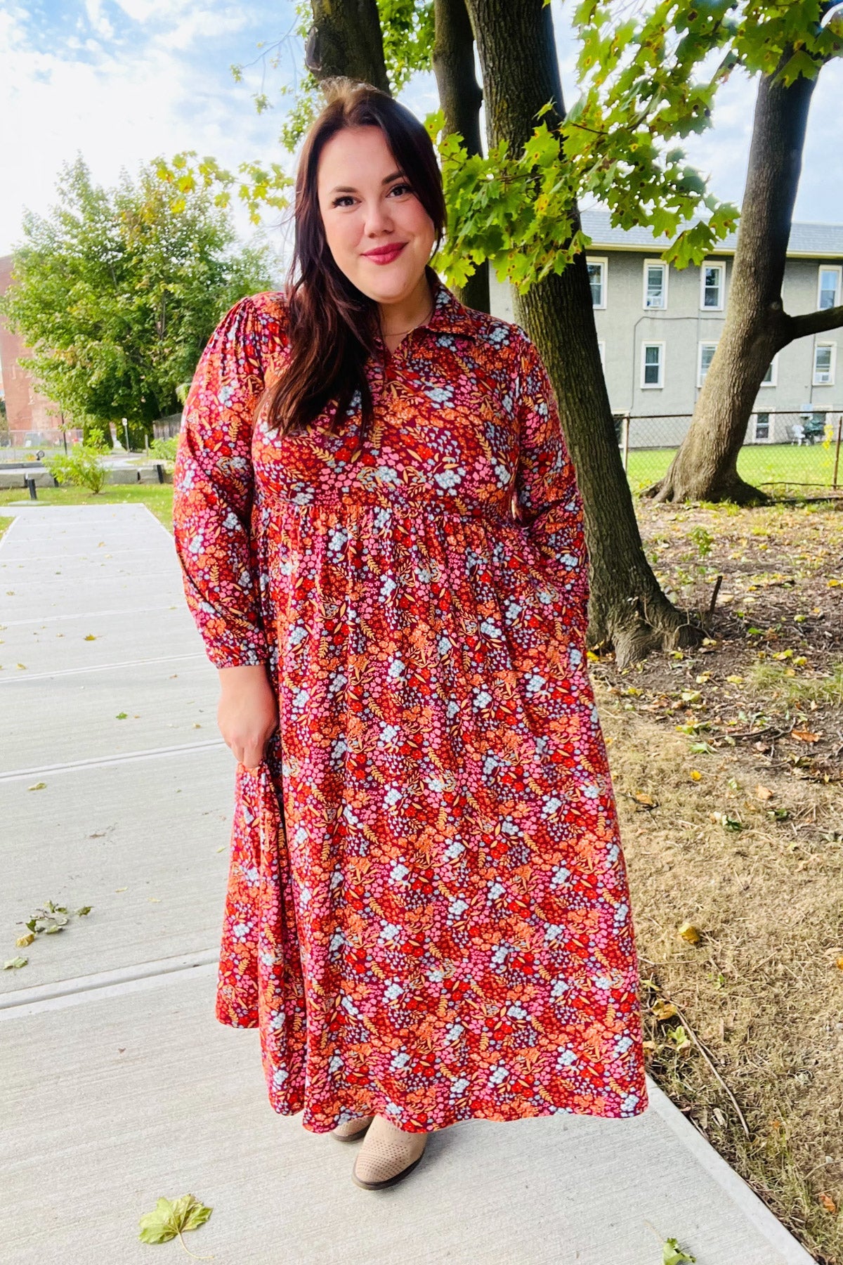 Casual Living Burgundy Floral Collared Fit & Flare Maxi Dress